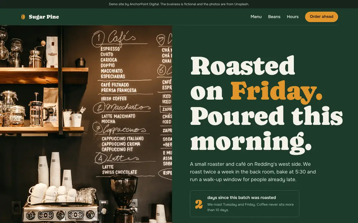 The Sugar Pine Coffee website demo
